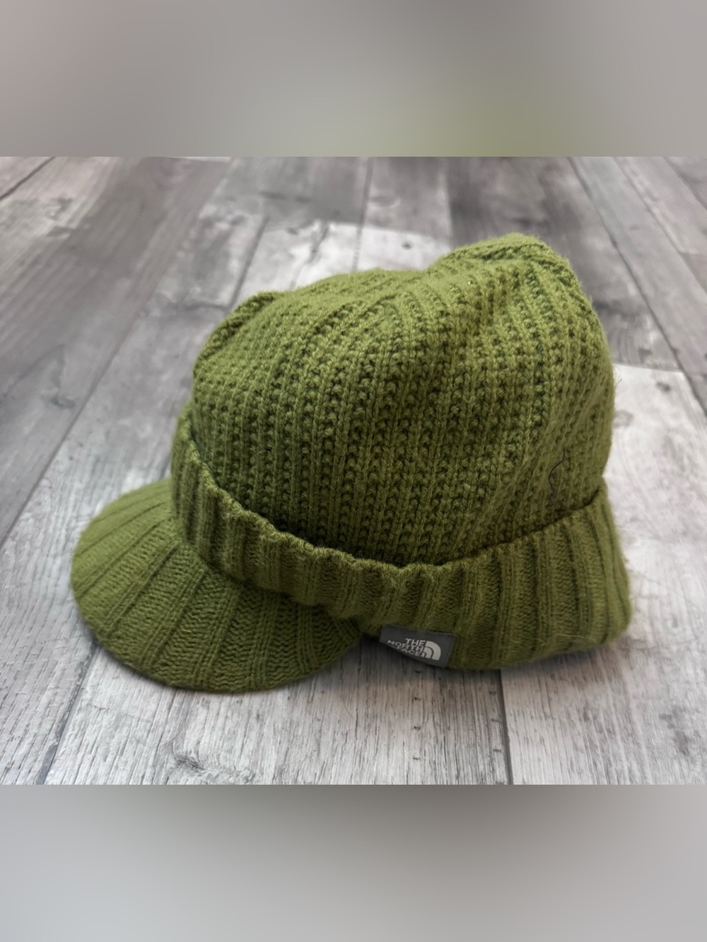The North Face Waffle Knit Army Green Hat Finn Visor Beanie Newsboy